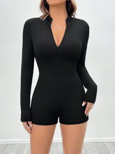 Casual Black Ribbed Long-Sleeve Zip-Front Bodysuit